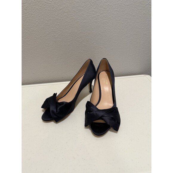 Kate Spade Heels  Size 7.5 Crawford Peep-Toe Bow Pumps Navy Satin - Picture 9 of 9